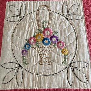 Vintage Floral Embroidered Quilt - Coral Pink and Cream Queen size
